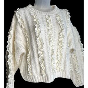 Mustard Seed Fuzzy Knit Crop Sweater‎ Small Ivory Lace Cabin-core Cottagecore